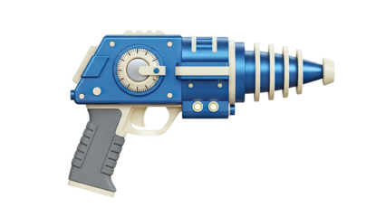 Blue and cream retro sci-fi ray gun with dial and buttons