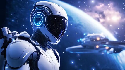 Futuristic astronaut standing in space with spaceship in background - Powered by Adobe
