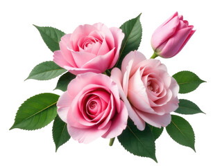 Fototapeta premium Pink roses with green leaves on a simple white background