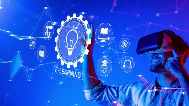 A joyful young man engages in an immersive e-learning experience using a virtual reality headset, surrounded by digital technology icons and a vibrant blue background. Raster