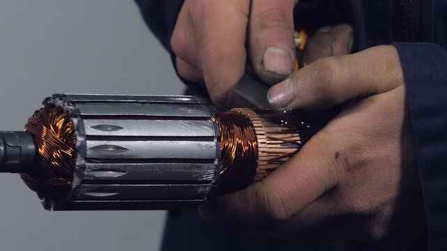 Technician repairing electric motor of power tool at a workshop, close up.
