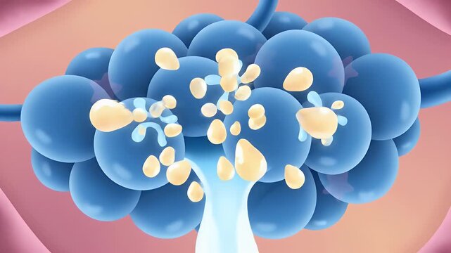 Stylized Pastel 2D Loop of Prolactin Stimulating with Blue Spheres and Pink Stars on Light Pink Background Animated