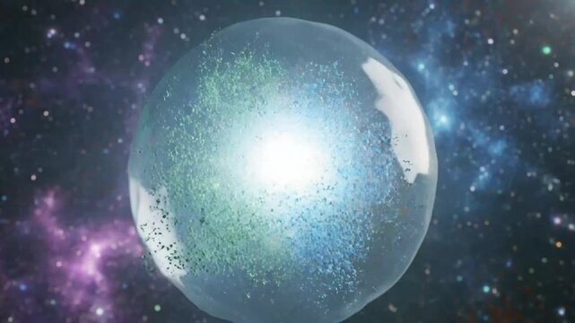 Abstract illustration of a cell splitting open with vibrant particle effects against a starry galaxy background