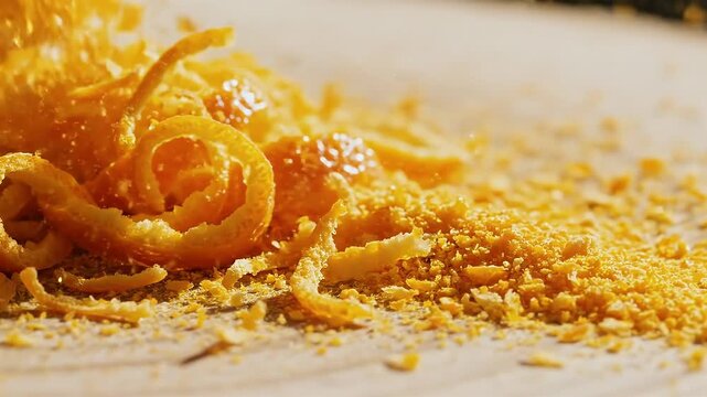 Loopable Ultra Close Up Macro of Orange Peel on Wooden Surface Featuring Bright Lighting Revealing Fine Texture