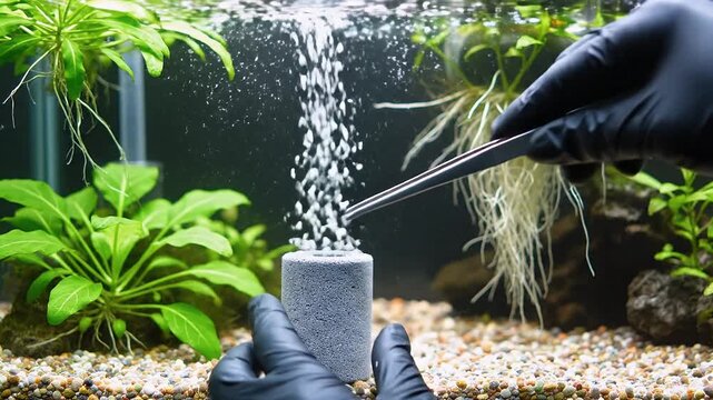 Loopable Ultra Close Up of Siphoning Debris from Aquarium Gravel with Plants and Air Bubbles for Fish Tank Maintenance