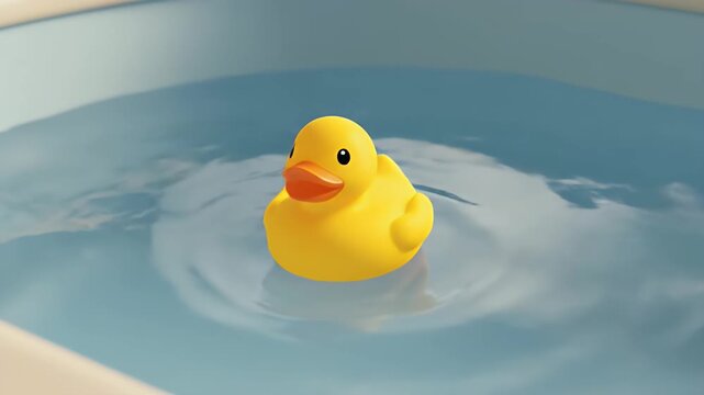 Looping Animation of Yellow Rubber Duck Floating on Blue Water Inside a White Bathtub Advertising Toy Relaxation and