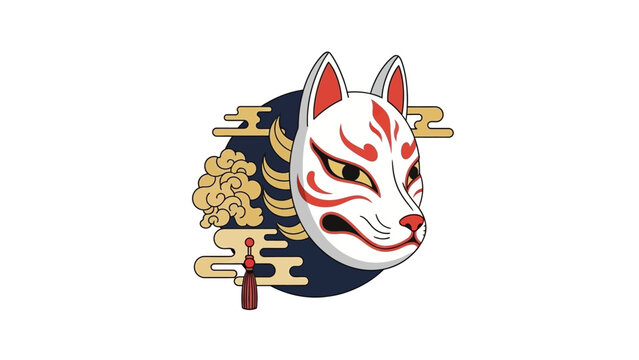Traditional Japanese Kitsune Fox Mask with Red Patterns
