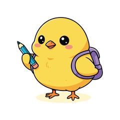 Fototapeta premium Cute Cartoon Style Chick with Backpack and Pencil Education Illustration