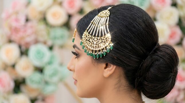 Pakistani Bride Side Profile Wearing Gold Jhoomer Passa with Emeralds and Pearls