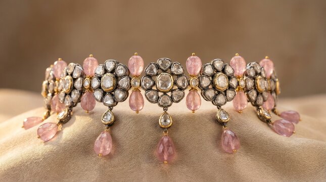 Luxurious Polki Diamond Choker Necklace with Pastel Pink Tourmaline Beads Fusion Style