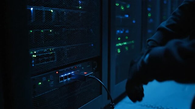 Cyber warfare expert accesses secure servers in a dark data center with multiple screens displaying code in a dimly lit room