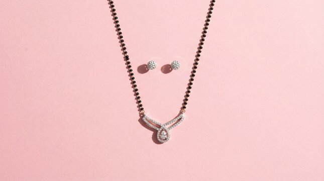 Modern Diamond Mangalsutra and Earring Set Flat Lay on Pastel Pink Background
