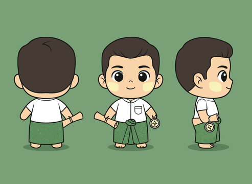 Cute cartoon character of a young boy in traditional Burmese attire.