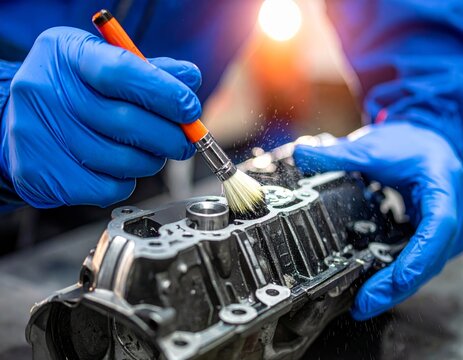 Mechanic cleaning engine part with brush in workshop environment  