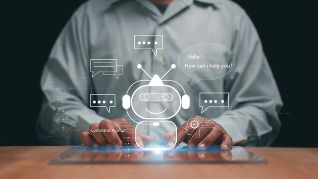 AI chatbot and virtual assistant concept. User interacting with a friendly robot interface on a digital screen. Customer support, conversational AI, automation and smart communication technology.