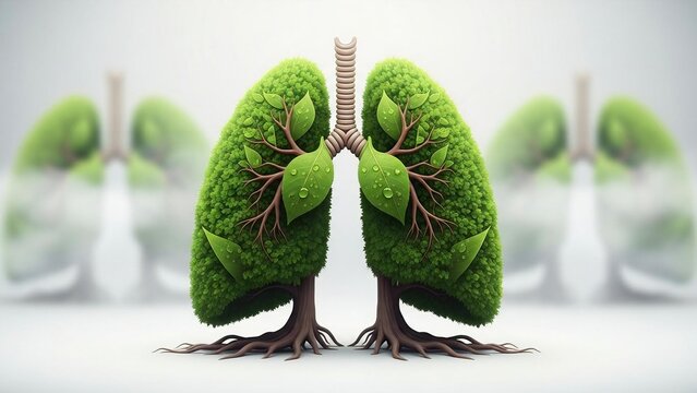 Vibrant green lungs conceptualized as healthy trees with lush foliage and roots, symbolizing clean air and environmental wellness.