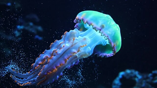 Graceful jellyfish with a bioluminescent glowing bell and undulating tentacles swimming in deep ocean water
