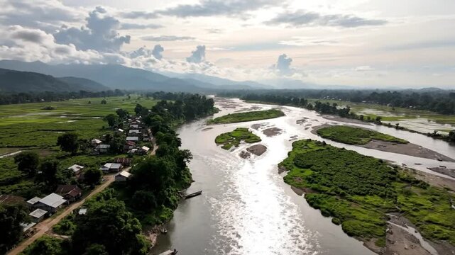Aerial view of the Brahmaputra River flowing through a village in Assam, India, with lush greenery