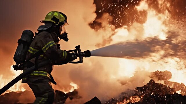 Firefighter spraying water on burning building.
