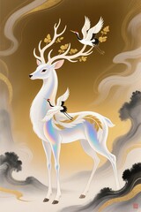 Artistic deer and crane with abstract ink splashes, luxury eastern painting style, floating gold foil accents, symbolic and elegant composition, warm golden backdrop, museum-quality digital artwork

