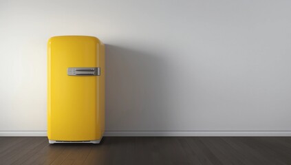 yellow refrigerator + retro fridge in an empty room - billboard banner template mockup with place for text and logo
