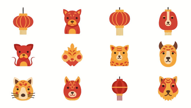 Cute Chinese New Year icons with lanterns and animals