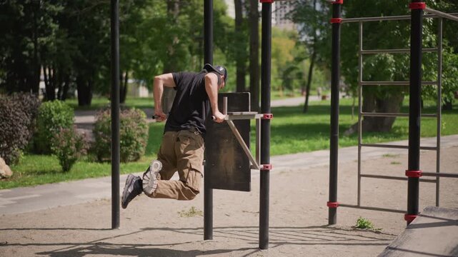 Outdoor Park Parallel Bars Dip Workout, White Male In Cap And Cargo Pants Performing Strict Dips With Focused Grip And Controlled Motion, Sunny Day, Leafy Background, Muscle Tension And Endurance