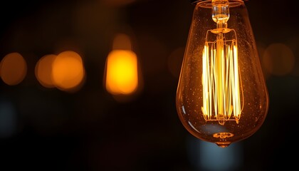 Close-up photo of a glowing vintage filament light bulb against a dark background with soft bokeh lights, suitable for concepts of energy, electricity, design, and interior lighting.