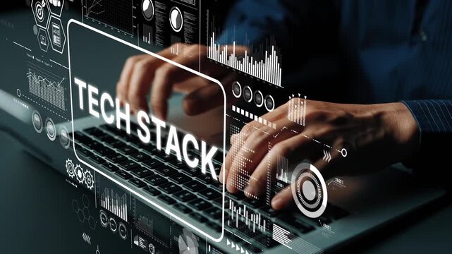 Modern Technology Stack Concept with Hands Typing on Laptop Surrounded by Digital Graphics and Data Visualization Elements. Asymptotic smart data analytic.