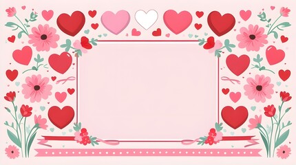 A vibrant floral frame with hearts and flowers, perfect for Valentine's Day greeting cards and romantic stationery.