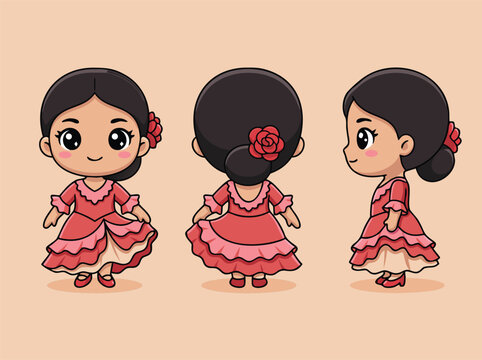 Cute Chibi Girl in Traditional Spanish Flamenco Dress.