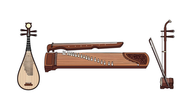 Collection of Traditional Chinese Musical Instruments Pipa and Guzheng