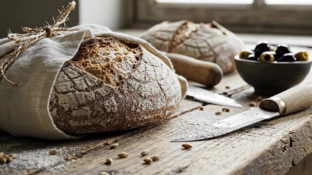 Artisan bread wrapped in cloth rests on wooden table. Natural light creates warm setting with grains and olives nearby. Concept of bakeries, food photography, culinary arts
