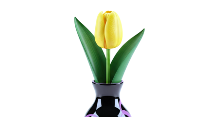 Yellow tulip in a dark vase with pink accents
