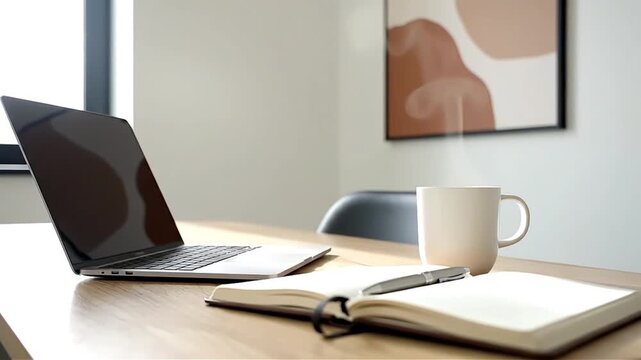 Modern workspace with laptop notebook pen and coffee cup on a wooden desk minimalist home office setup for remote work creativity and productivity