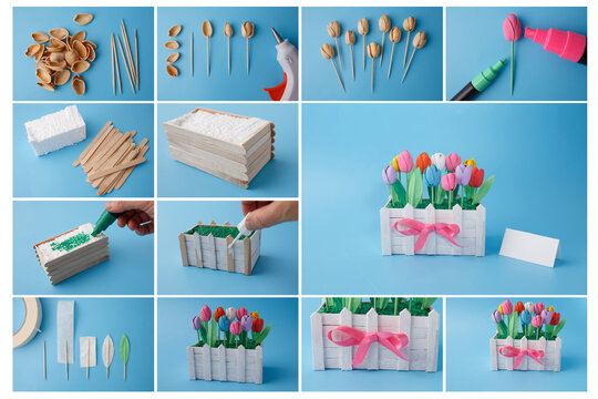 Step by step tutorial diy spring tulip bouquet made of pistachio shells wooden sticks recycled materials creative craft project for kids school home activity ecological art hobby handmade gift,