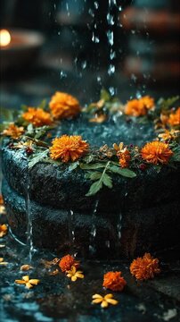 Water pouring on traditional black stone grinder decorated with orange marigold flowers in spiritual setting (Vertical Video)