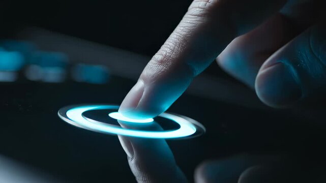 Hand presses glowing blue button on touch screen device. High-tech setting with reflections on surface. Concept of technology, user interface, digital interaction