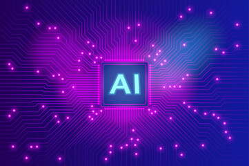 AI Microchip with Glowing Purple Circuitry on Futuristic Dark Gradient Background