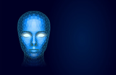 Futuristic Low-Poly Digital Face with Glowing Eyes on Dark Tech Background