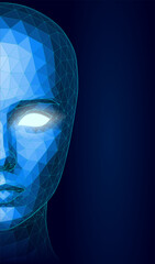 Futuristic Polygonal AI Face with Glowing Eyes and Digital Mesh on Dark Gradient Background