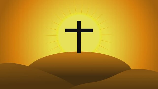 Christian Cross on Hill with Glowing Sunrise Background Motion Graphics