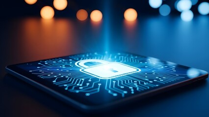 Cybersecurity concept with glowing padlock on digital tablet