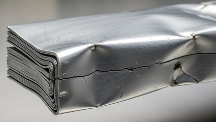 Close-up of a damaged, folded aluminum piece with visible creases and cracks