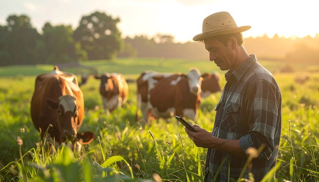 A man in a straw hat and plaid shirt checks a tablet in a lush, green pasture with cows grazing, bathed in warm sunlight