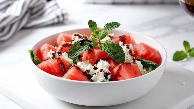 Refreshing watermelon salad with balsamic glaze crumbled feta cheese and fresh mint leaves in a white bowl a vibrant summer appetizer or healthy dessert