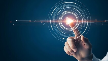 Close-up of a human index finger touching an illuminated play button interface
