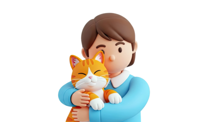 3D cartoon of a person holding a happy orange tabby cat