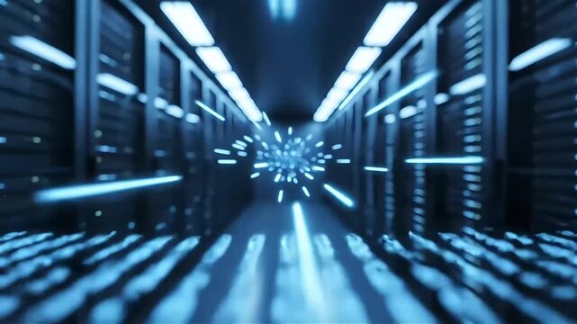 Rows of illuminated servers in a modern data center creating a futuristic perspective emphasizing technology connectivity and digital infrastructure for business applications