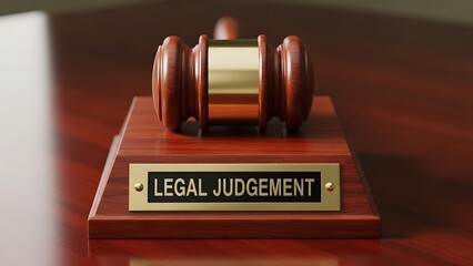 Close-up of a wooden gavel with gold band, resting on a base engraved with "LEGAL JUDGEMENT